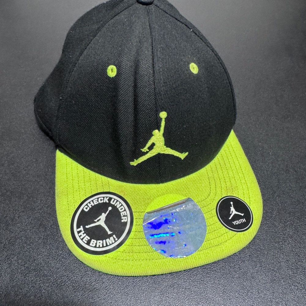 Jordan Brand Snapback Hat Youth OSFM Black Neon Green Jumpman Logo Hat